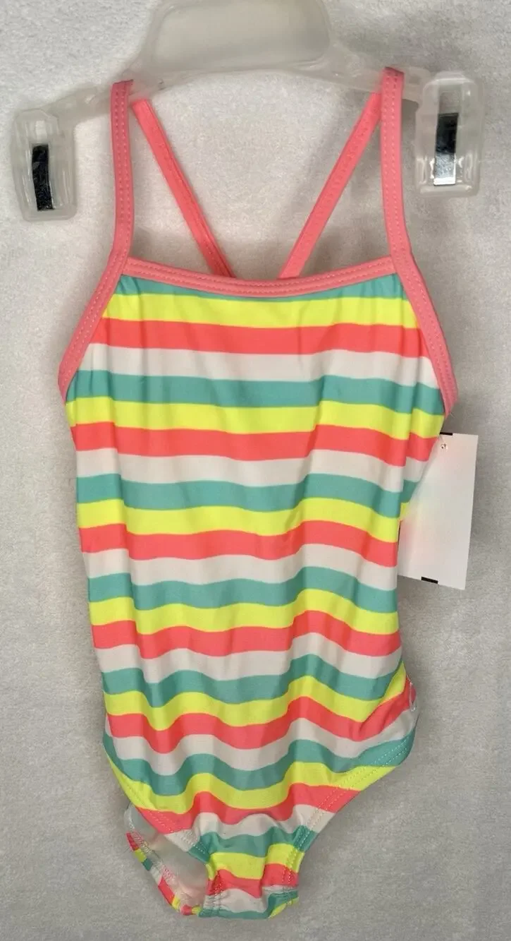 Op 3T CUTE Toddler Girls’ Neon Multicolor Striped One-Piece Bathing Suit Safety